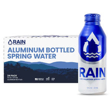RAIN spring water in a blue aluminum bottle beside a 24-pack case