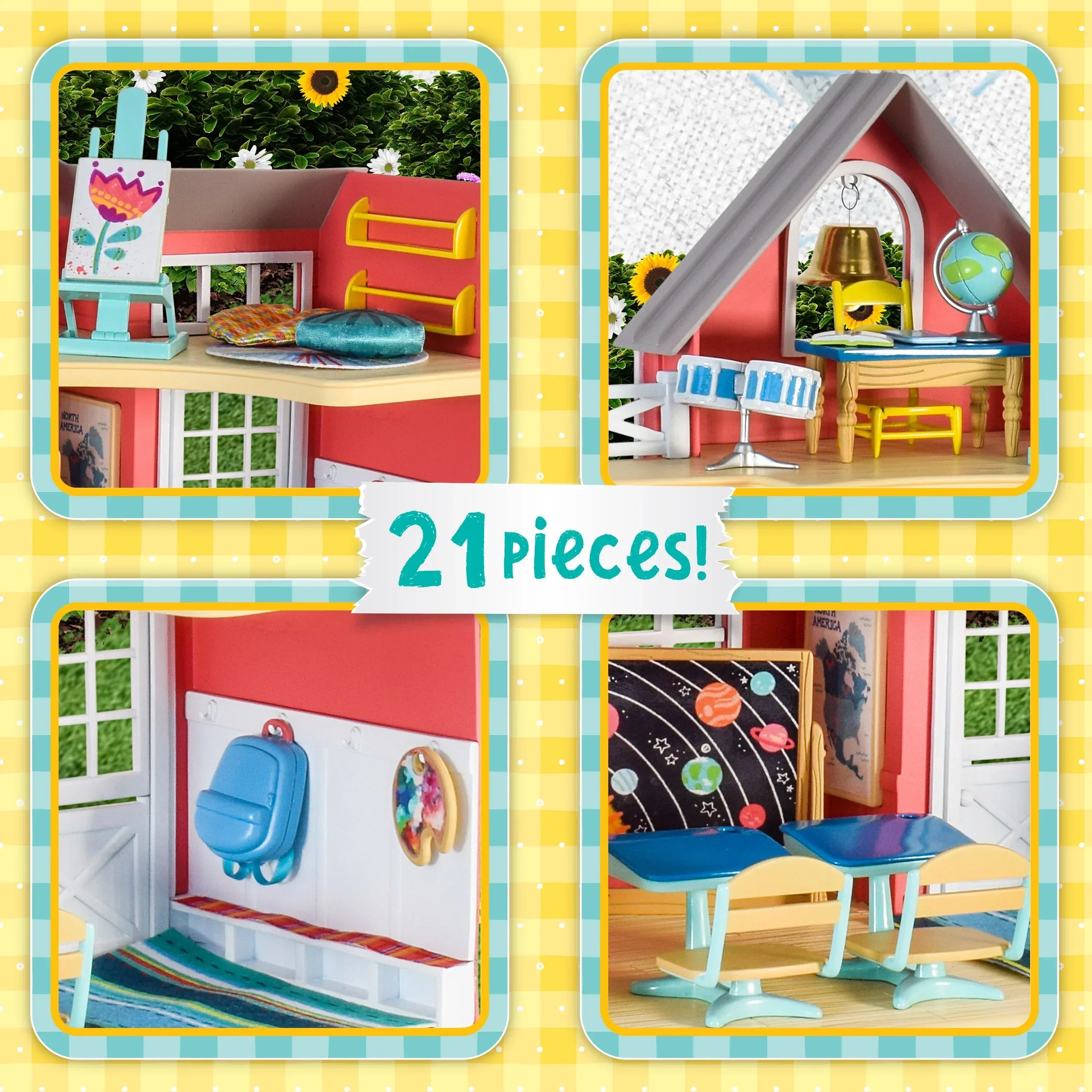 Honey Bee Acres Sunshine Meadow School – 21 Piece Miniature Dollhouse with Accessories & Exclusive Fox Figure – Pretend Play Set for Kids Ages 3+