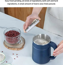 Blue electric spice grinder with stainless bowl and side handle, filling with ingredients