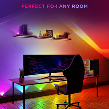 Indoor RGB LED string wall lights casting multicolor light on a living room