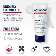 Aquaphor Baby Healing Ointment tube with cap, shown beside a white wipe