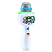 White karaoke microphone toy with green band and gray speaker top, front control screen shown