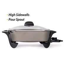 Ceramic electric skillet with glass lid, black base feet and side handles
