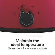 Red slow cooker base with temperature control knob and three heat settings