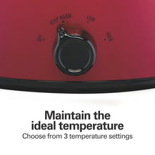 Red slow cooker temperature dial with keep warm, low, and high settings.