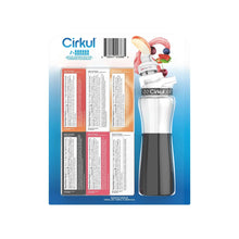 Plastic water bottle with black chill sleeve, back of boxed value pack with cartridges
