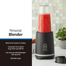 Mainstays black personal blender with red smoothie jar and travel cup lid