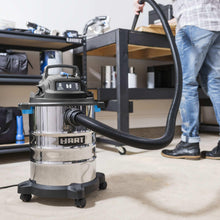 Stainless steel wet/dry vacuum with front wheels and black hose, HART logo