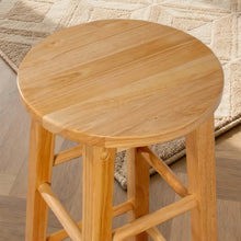 Natural wood backless stool with round seat and ladder-style side frame