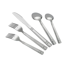 Stainless steel flatware set with butter knife, forks, and spoons