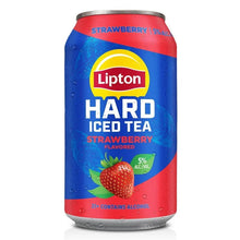 Strawberry flavored hard iced tea can with red top label; 5% ABV