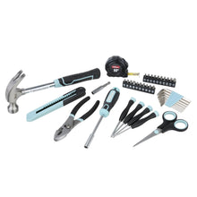 Assorted teal-and-black household repair tools with hammer, pliers, screwdrivers, scissors, and bits