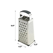 4-sided stainless steel grater dimension view with black handle