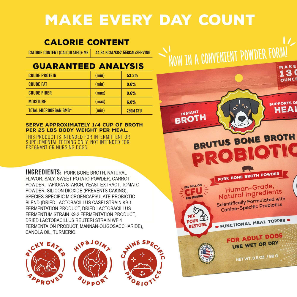 Brutus Bone Broth Probiotic Meal Toppers for Dogs Mega Pack (Pork) - Pet Food Topper - Bone Broth Powder Fortified - Pet Safe Human Grade Dog Food Topper - Makes Up to 130 Liquid Oz
