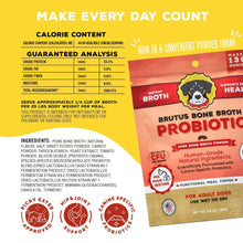 Probiotic bone broth dog topper pouch with calorie content, guaranteed analysis, and ingredients panel