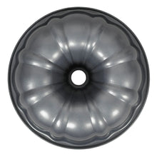 Fluted tube cake pan with dark gray non-stick interior and central hole