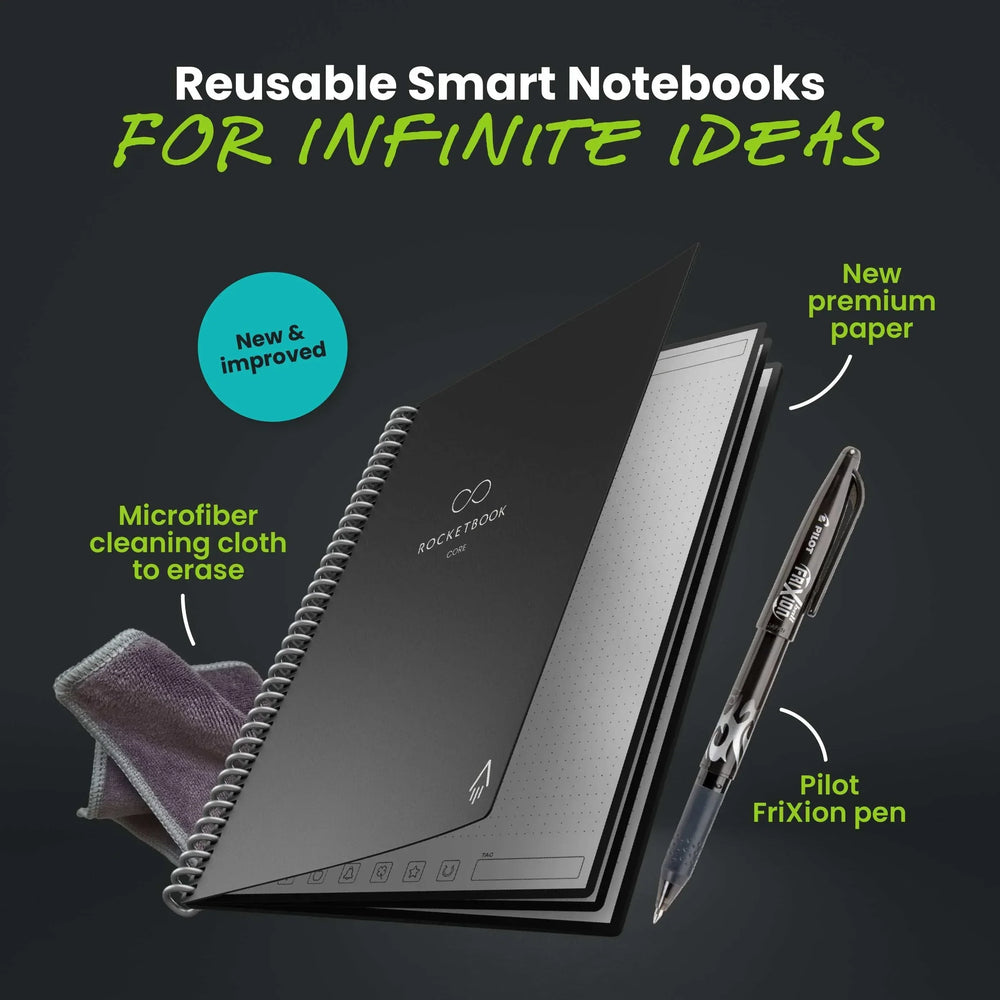 Rocketbook Smart Reusable Core Notebook - Dotted, Executive Size, Black - USA MEGA SHOP