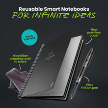 Black reusable smart notebook with pen and microfiber erasing cloth
