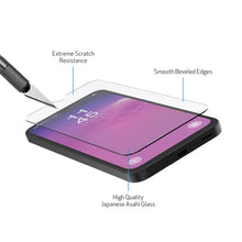 Tempered glass screen protector on phone, smooth beveled edges and scratch-resistant surface
