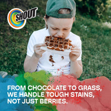 Shout stain-remover logo on promo card with red and green stain splatter graphic