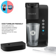 Iced and hot single-serve coffee maker with clear tumbler, black drip tray, and lid