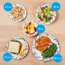 Disposable paper bowls assortment with 20 oz and 10 oz sizes, filled with food