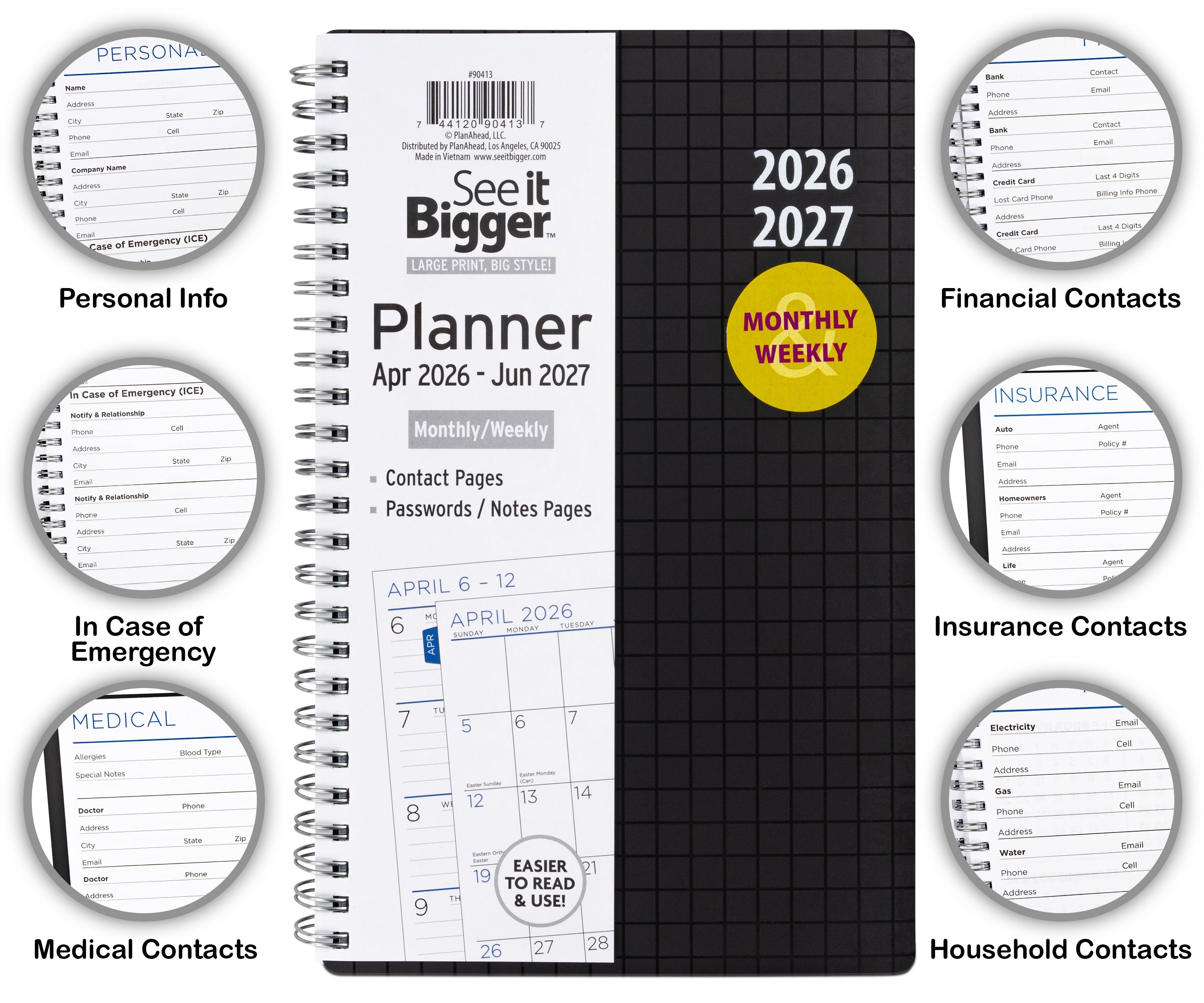 See It Bigger M/W Planner, Medium (5.5" x 8.75"), Black, 15-Month: Apr 2026 - Jun 2027