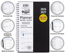 Black spiral planner with laminated tabs: personal info, emergency, medical, financial contacts