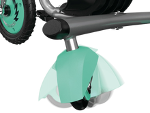 Teal front fender and gray tricycle frame section with black wheel near seat