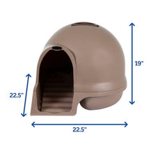 Enclosed cat litter box with dome hood, dimensions 22.5 in wide and 19 in high