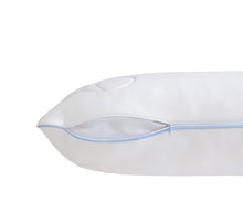 White cooling pillow with blue-edged U-shaped cutout and embossed circular details