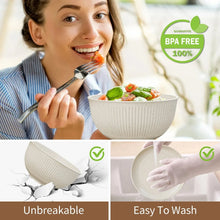 Beige wheat-straw bowl of salad with spoon, held by a person