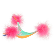 Interactive cat toy with teal wand, pink feather pom-poms, orange accents