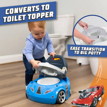 Blue race car potty trainer used with a child near a standard toilet