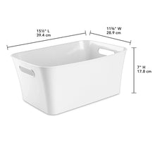 White plastic storage bin with side handles and size labels (15.5 in x 11.4 in x 7 in)