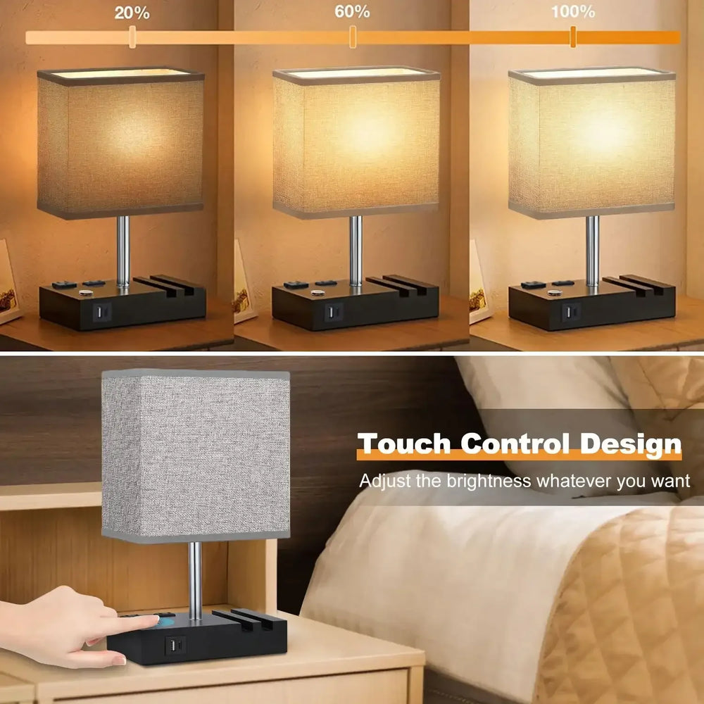 HadinEEon Bedside Table Lamps with 2 Phone Stands, Gray - USA MEGA SHOP