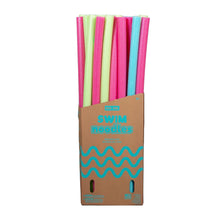 Pack of assorted-color pool noodle float tubes in a cardboard holder