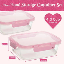 Clear glass food storage containers with pink lids, 2-piece set