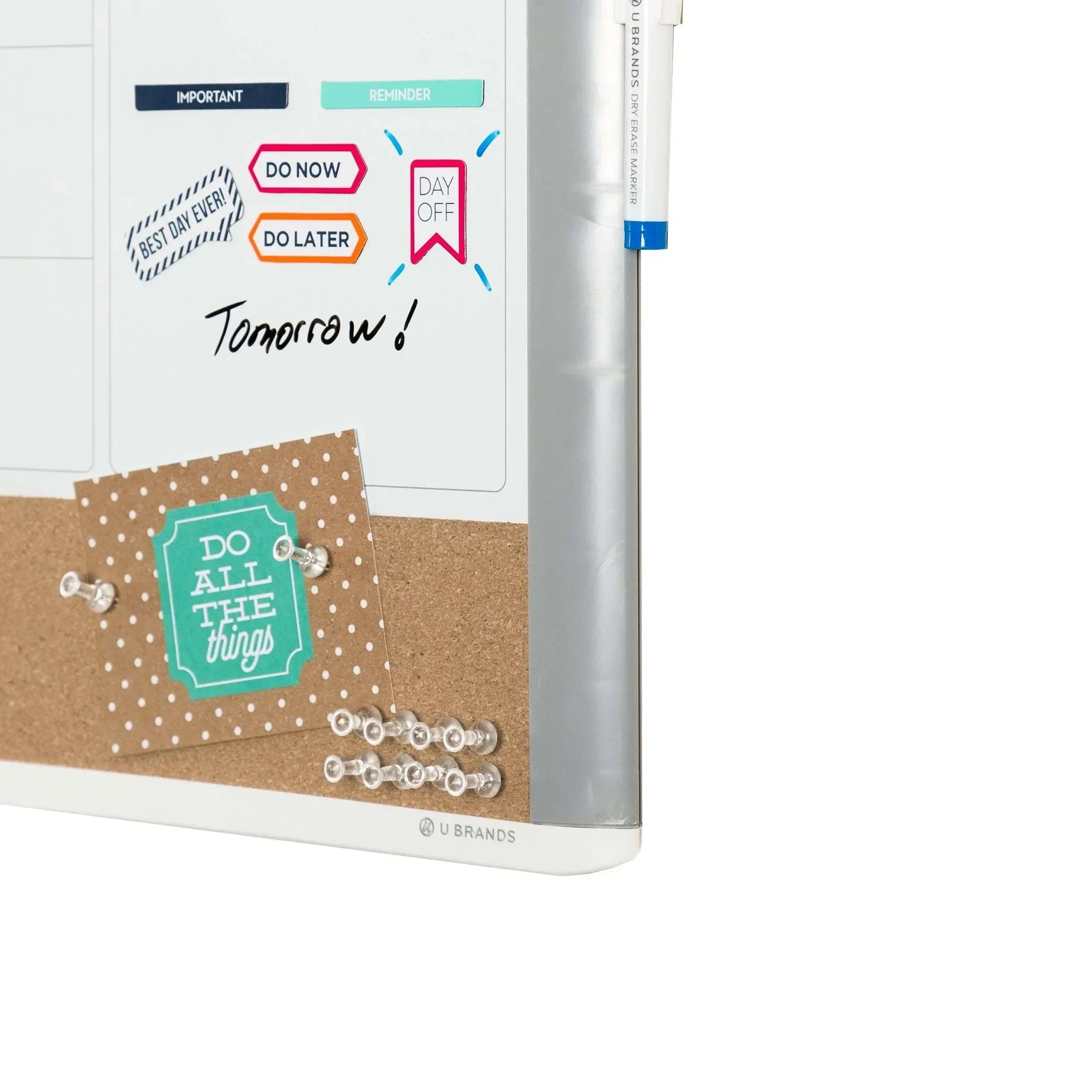 U Brands 17 x 23 in. 3-in-1 Dry Erase Calendar Whiteboard, White and Gray