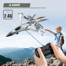 Grey RC jet aircraft with 2.4GHz indicator; remote controller visible in hand