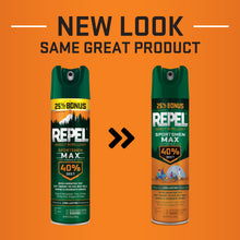 Two green aerosol insect repellent cans on promo graphic, featuring 40% DEET