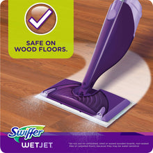 WetJet mop pad on wood floor with safe-on-wood-floors checkmark label