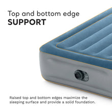 Blue airbed mattress with raised top and bottom edge support and reinforced seams