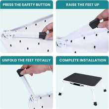 Foldable step stool with black platform, safety button, and folding support feet.