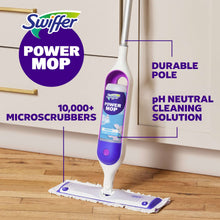 Swiffer Power Mop with durable pole and microfiber pad on wood floor