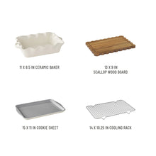 Ceramic baker, cookie sheet, wire cooling rack, and wooden board for bakeware set