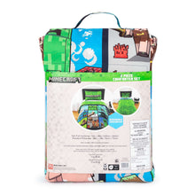 Packaged Minecraft 2-piece comforter set with back label visible on the sleeve