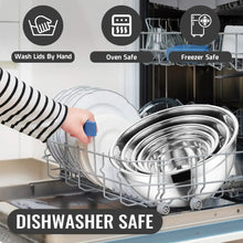 Stainless steel nesting bowls placed in dishwasher rack; lids on