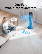 Black bladeless tower fan with oscillating airflow shown by blue lines
