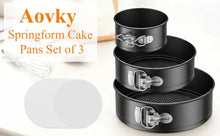 Three-piece black round springform cake pan set with removable bottoms and latches.